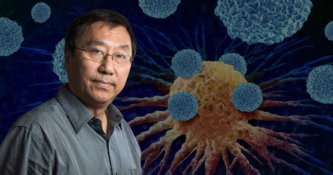 Dr. Ming Li portrait with cancer cells in the background.