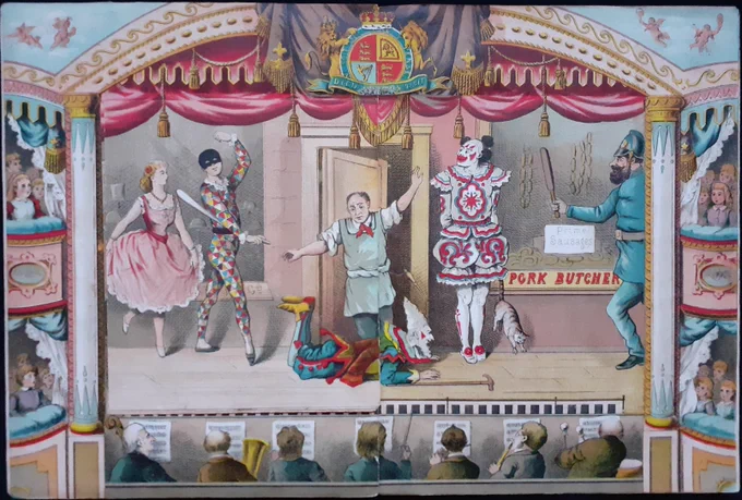 An illustration from an early children's book of clowns, a jester and others performing on a stage with an orchestra in the foreground and theatre goers in boxes at each side.