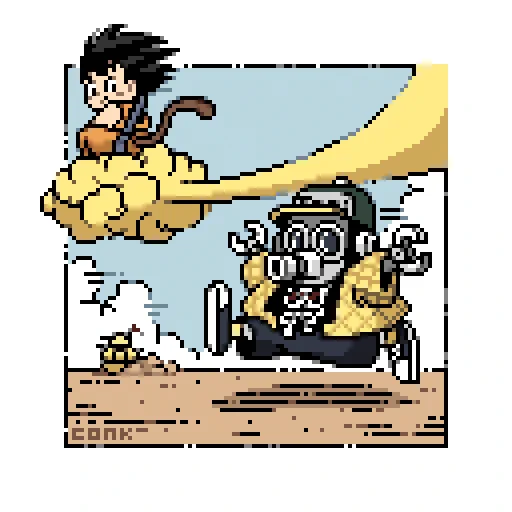 A pixel art image featuring Tori-Bot, Goku on the Flying Nimbus, and the tank from Sand Land. The image is in colour.