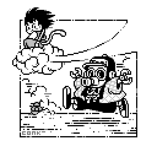 A pixel art image featuring Tori-Bot, Goku on the Flying Nimbus, and the tank from Sand Land. The image is in black and white.