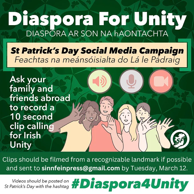 Image is poster titled "Diaspora for Unity", asking supporters to post 10 second video clip calling for Irish unity.