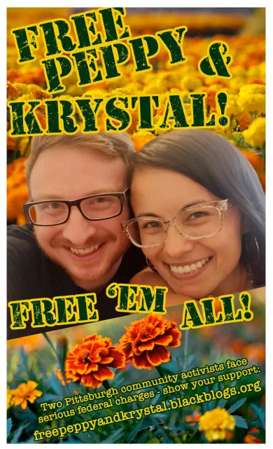 A vibrant support poster with flowers and a picture of Peppy & Krystal side by side. At the top it says "Free Peppy & Krystal!" and at the bottom it says " Free 'Em All! " and under that it has the url for the support site which is freepeppyandkrystal.blackblogs.org