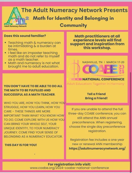 Flyer for Adult Numeracy Network pre-conference at COABE Nashville. Math for Identity and Belonging in Community.