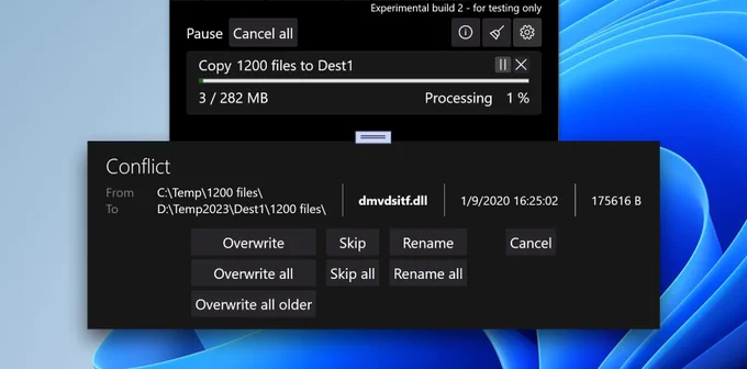 Showing Taskmaster during copy operation and a conflict dialog in front, prompting user what to do with the same file in the destination