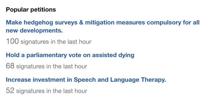 Screenshot of popular petitions list on the UK Parliament website.