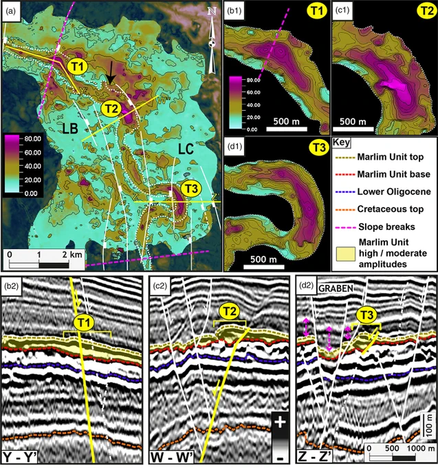 Fig. 4. (a) Thickness map (m) of the lobate features (LB and LC) and the Marlim Sul Channel fill with the main faults. Slope breaks shown as dotted pink lines (the slope break at the entrance of the step coincides with a fault). The channel geomorphology is marked by white dotted lines.