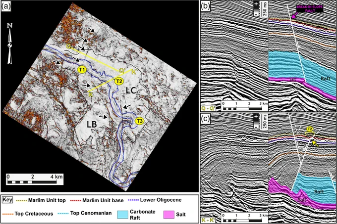 Fig. 3. Large-scale structural control on the Marlim Sul Channel (marked as blue lines). 