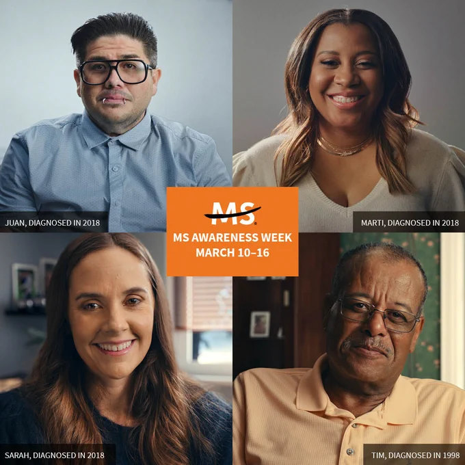 A collage of four people with MS (Juan, Marti, Sarah, Tim) and text: MS Awareness Week, March 10-16