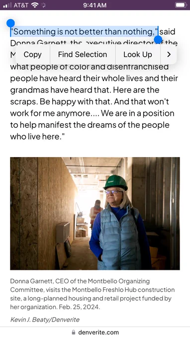 Screenshot of article section re: FreshLo Hub with picture of Montbello Organizing Committee CEO . Find article here: https://denverite.com/2024/02/16/montbello-peoria-albrook-freshlo-project/