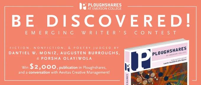 "Be Discovered! Emerging Writer's Contest" over orange background.