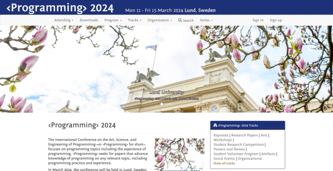 Screenshot of the <Programming> conference website main page. This includes a large picture of the university main building