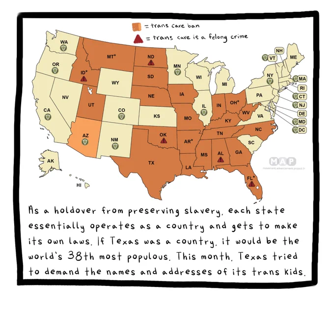 Panel four shows a map of U.S. states. 23 of them, all of which are in the South and Midwest, are colored orange, and in these states, gender-affirming care for minors is illegal. This map is via the LGBT Movement Advancement Project. The text reads: As a holdover from preserving slavery, each state essentially operates as a country and gets to make its own laws. If Texas was a country, it would be the world’s 38th most populous. This month, Texas tried to demand the names and addresses of its trans kids.