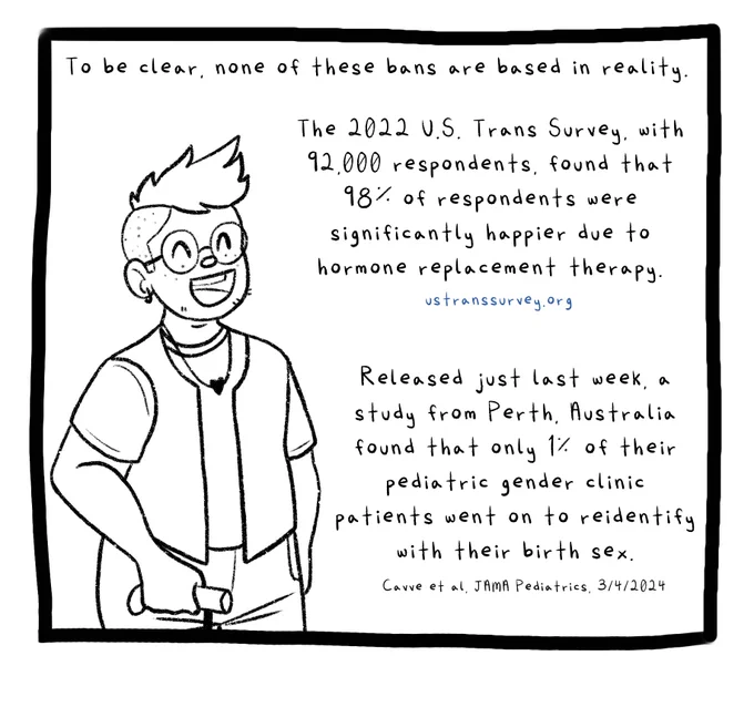 Panel seven. A drawing of a fat person with a mohawk, glasses, a vest, and necklace. They use a cane and are smiling. The text reads: To be clear, none of these bans are based in reality. The 2022 U.S. Trans Survey, with 92,000 respondents, found that 98% of respondents were significantly happier due to hormonal replacement therapy. Via ustranssurvey.org. Released just last week, a study from Perth, Australia found that only 1% of their pediatric gender clinic patients went on to reidentify with their birth sex. Via Cavve et al, JAMA Pediatrics, March 4th, 2024.