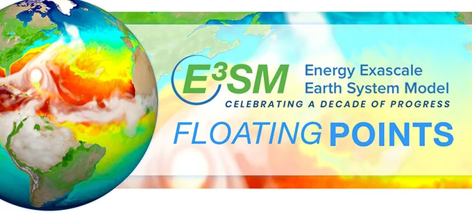 Image of a globe with a heat map on the oceans. There is a large red blob, surrounded by yellow, in the middle of the Atlantic ocean. The text says "E3SM: Energy Exascale Earth System Model - Celebrating a Decade of Progress. Floating Points."