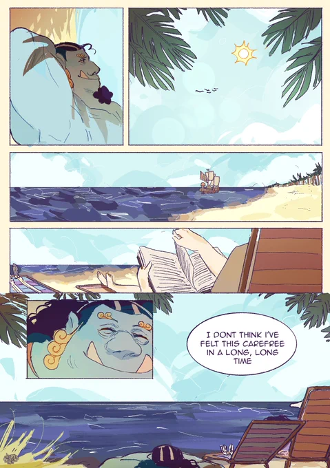 Jinbei can be seen relaxing, shots of the skies, ocean, robin flipping a page in her book, and the general scenery are shown

Jinbei: I don't think I've felt this carefree in a long, long time