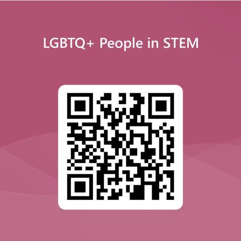 A QR code on a pink background linking to a survey aimed at STEM students and researchers about queer role models in science, engineering, technology and Maths subjects.
