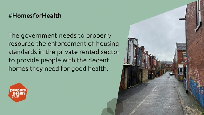 #HomesforHealth

The government needs to properly resource the enforcement of housing standards in the private rented sector to provide people with the decent homes they need for good health.