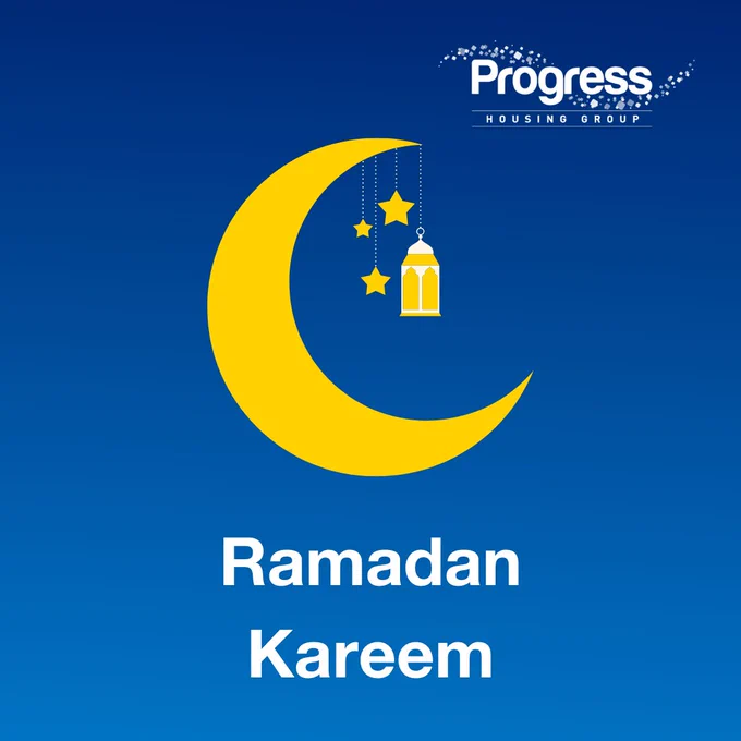 Ramadan Kareen. Image of a lantern and stars hanging from a moon crescent on a blue background.