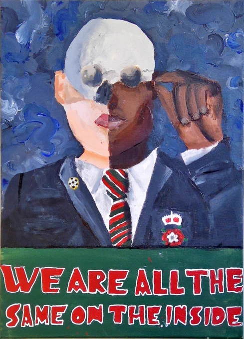 A painting depicting a schoolboy showing the skeleton beneath two colours of skin. Caption reads We are all the same on the inside.