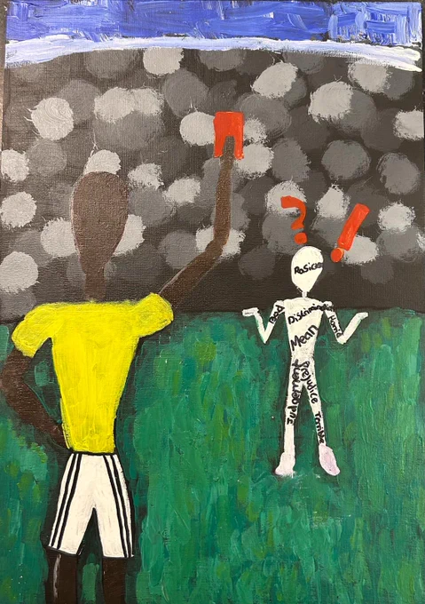 A painting depicting a footballer and a referee holding up a red card.