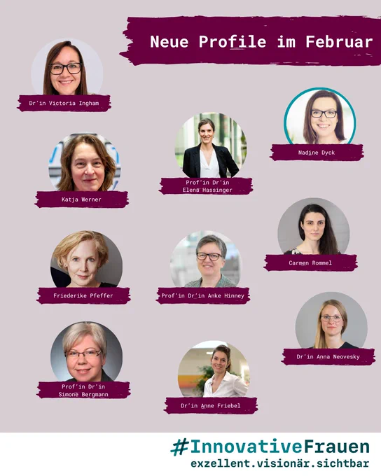 Eine Grafik mit der Überschrift "Neue Profile im Februar" darunter sind Porträtfotos von den Neuzugängen auf der Plattform zu sehen. Unten ist das Logo der Plattform #InnovativeFrauen abgebildet.