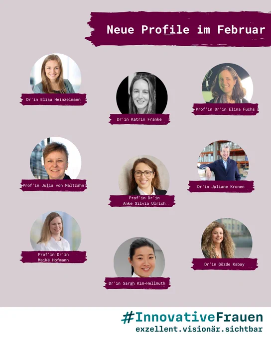 Eine Grafik mit der Überschrift "Neue Profile im Februar" darunter sind Porträtfotos von den Neuzugängen auf der Plattform zu sehen. Unten ist das Logo der Plattform #InnovativeFrauen abgebildet.