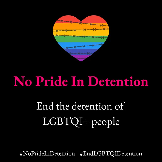 Black background with rainbow heart with barbed wire and text which reads "No Pride In Detention: End the detention of LGBTQI  people #NoPrideInDetention #EndLGBTQIDetention"