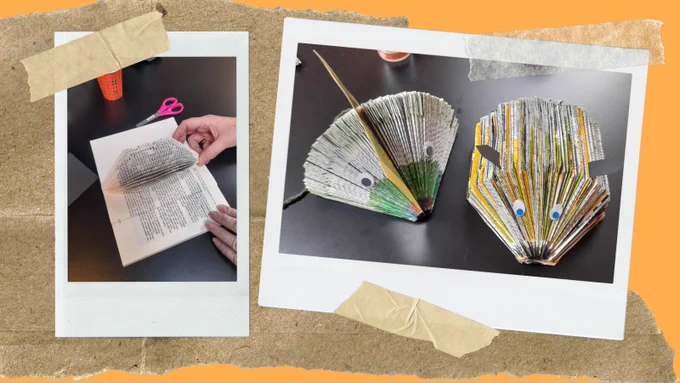 Picture collage representing scrap book like page, including two pictures taken during tinkering activity. Animal like objects were made out of book pages.