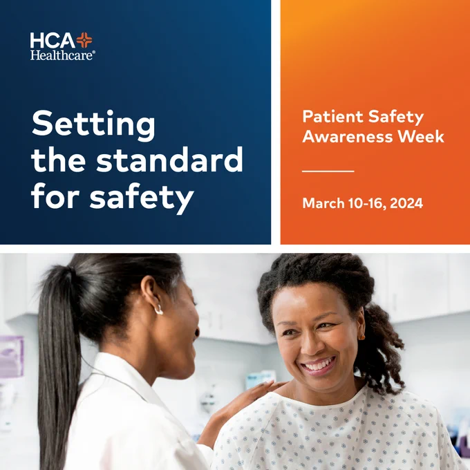 Female physician smiling at patient with text, “Setting the standard for safety. Patient Safety Awareness Week, March 10-16, 2024”
