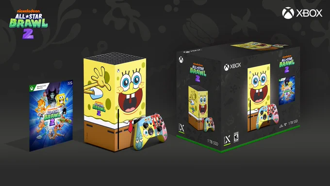 An image featuring an Xbox Series X designed to resemble Spongebob Squarepants, accompanied by a custom controller featuring characters from the show, leaning against the console on a black background. To the left of the Xbox, the game box art for Nickelodeon All Star Brawl 2 is displayed, with the console’s packaging to its right. The Nickelodeon All Star Brawl 2 logo is positioned in the upper left corner, while the Xbox logo occupies the upper right corner.