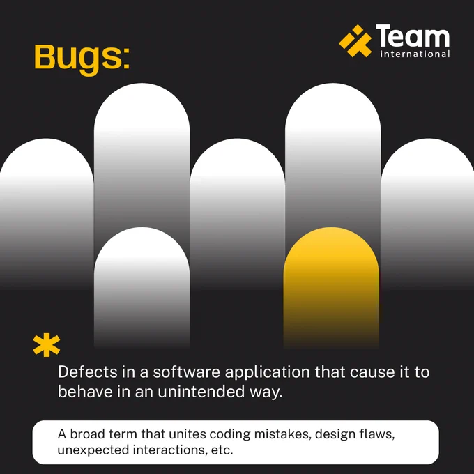 IN the image the predominant color is gray, it represents bugs as a bold lines with a rounded end. It appears the Team International logo