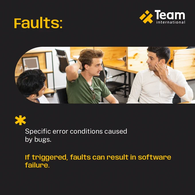 IN the image there is a picture of three people that look worried. This image represents faults in software development. The image background is black.