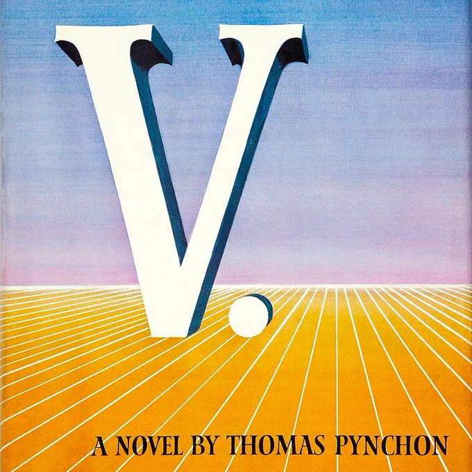 Cover design from the first-edition dust jacket of the 1963 novel V. by the American author Thomas Pynchon. Published by J. B. Lippincott & Co. From inside left jacket flap: "Jacket design by Ismar David".