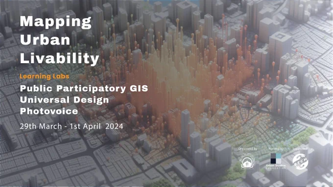 Flyer of Workshops on "Mapping Urban Livability" with the inscription of the three workshops and the logos of funding and organizing institutions, including that of USF. The background picture is a rendering of a city in 3D.