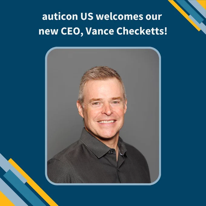 A dark blue graphic with the headline "auticon US welcomes our new CEO, Vance Checketts!" Below the text is a smiling headshot of Vance.