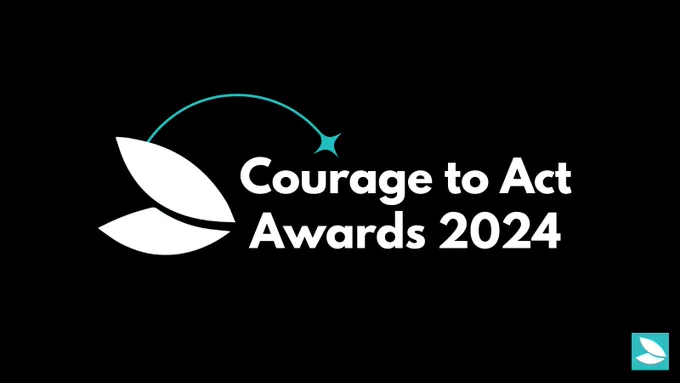 Black background. The Possibility Seeds logo in white is followed by white text that says “Courage to Act Awards 2024”. A teal star emerges from the logo towards the text. Possibility Seeds logo in the bottom right corner.