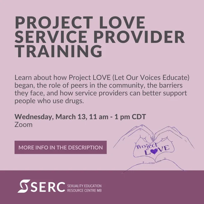 Grey text over purple background. 

Project Love Service Provider Training

Learn about how Project LOVE (Let Our Voices Educate) began, the role of peers in the community, the barriers they face, and how service providers can better support people who use drugs. 

Wednesday, March 13, 11 am - 1 pm CDT 
Zoom 

More info in the description 

SERC Logo
Project Love logo
