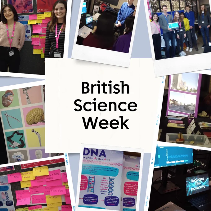 A collage of photos from the event at Manchester Museum, showing some of our volunteers on the stand, along with post-it notes of students times from our sequencing game, posters of cancer research buildings in Manchester, the nanopore sequencing run and photos from the University of Manchester's Museum of Medicine and Health