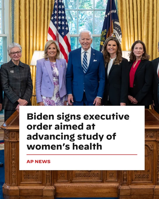 A photo of President Joe Biden and First Lady Dr. Jill Biden standing in the Oval Office. There is a headline from AP News overlaying the photo that reads: Biden signs executive order aimed at advancing study of women's health