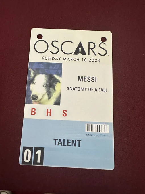messi’s badge for the Oscars on Sunday, March 10, 2024. He has an ID photo where he’s smiling up at the camera, and the blue bottom third of his badge just says “Talent.”