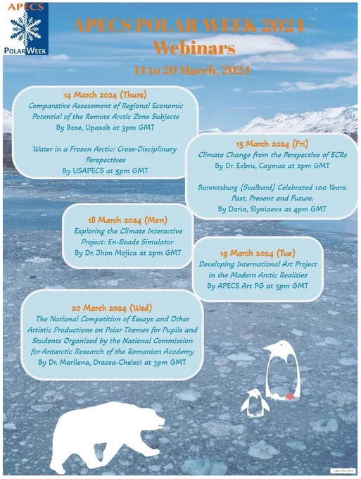 Join us for APECS Polar Week 2024! Learn about the polar regions in exciting webinars from March 14-20, 2024. Expand your knowledge and connect with fellow enthusiasts. Register now at https://www.apecs.is/news/apecs-news/5248-polar-week-march-2024-webinars.html. Let's make these webinars unforgettable together!