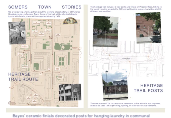 On the left an illustrated map with inset photos of courtyards with washing post: on the right close up of three street scenes and words: Heritage Trail posts.