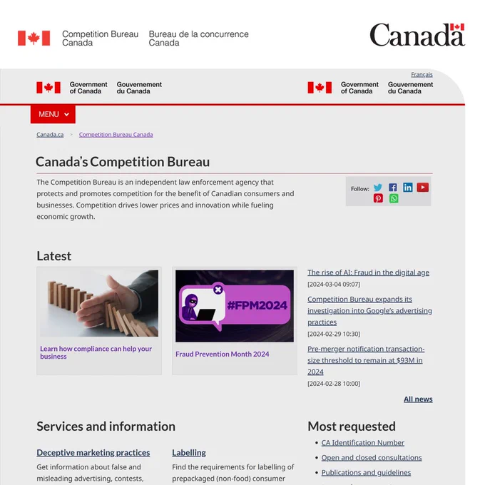a screenshot of the Competition Bureau homepage