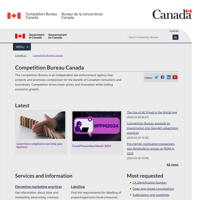 a screenshot of the Competition Bureau homepage