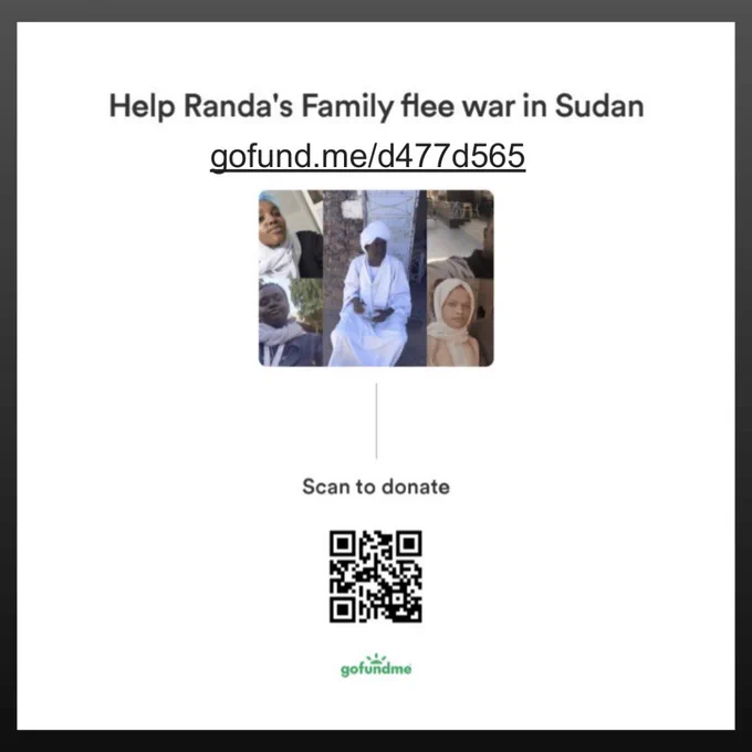 GoFundMe link in QR code with text: "Help Randa's Family flee war in Sudan"