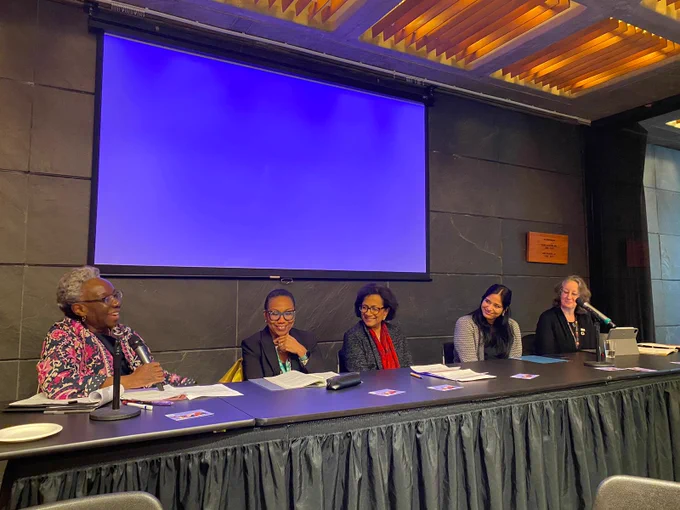 Ambassador Rao Gupta joins partners at a table for a discussion on technology-facilitated gender-based violence at the 68th Session of the Commission on the Status of Women on March 11 in New York City.