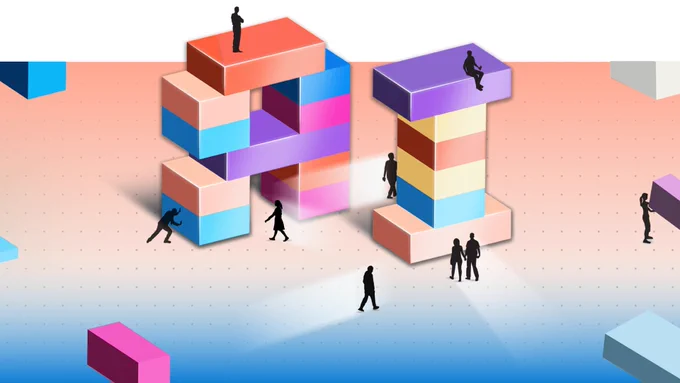 Silhouettes of people on and around building blocks.