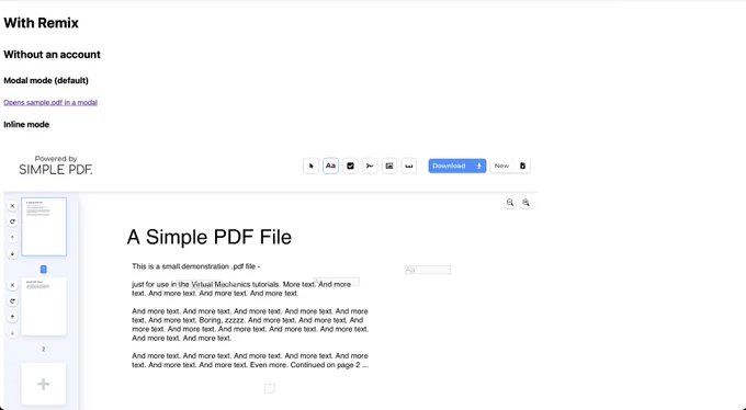 SimplePDF EmbedPDF component in a Remix app