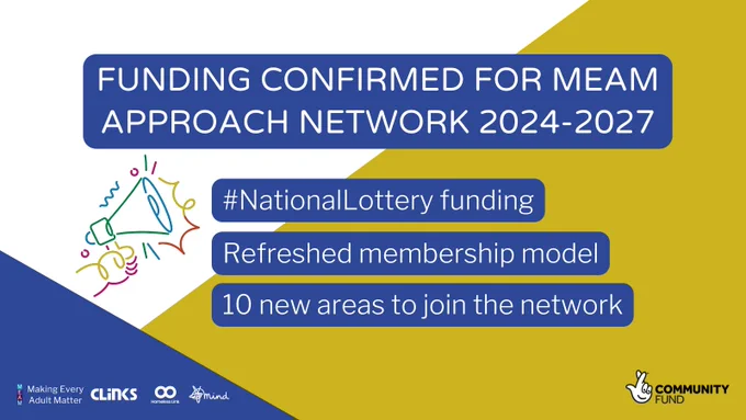 Promotional graphic describing funding awarded to the MEAM Approach network by the National Lottery Community Fund, including a refresh to the membership model and 10 new areas to join the network.