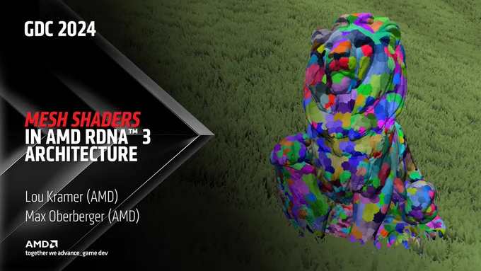 Text: "GDC 2024. Mesh Shaders in AMD RDNA 3 Architecture. Lou Kramer (AMD), Max Oberberger (AMD)" with a logo "AMD together we advance_game dev" at the bottom. The background contains a black and grey chevron behind the text, and on the right in the background there is a rendered colourful lion model sitting in grass.